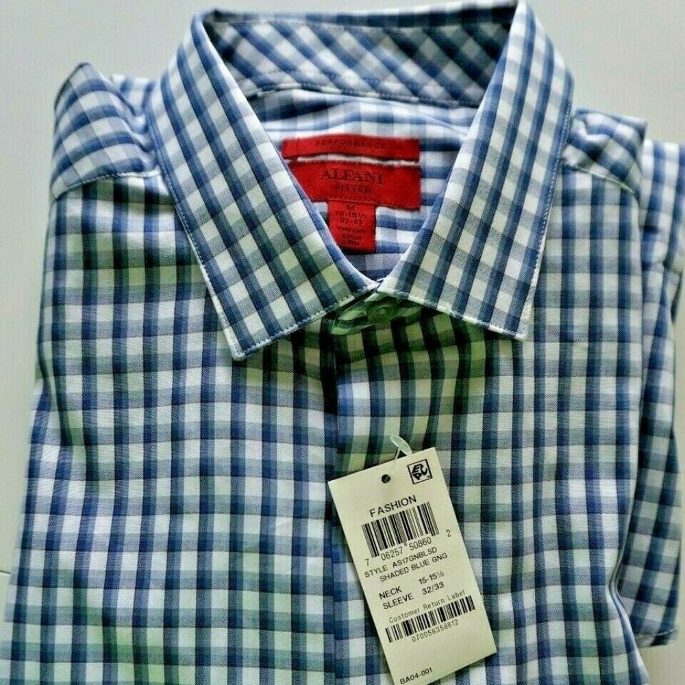 Alfani Fitted Dress Shirt Men's Size M White Blue Checkered Long Sleeve
